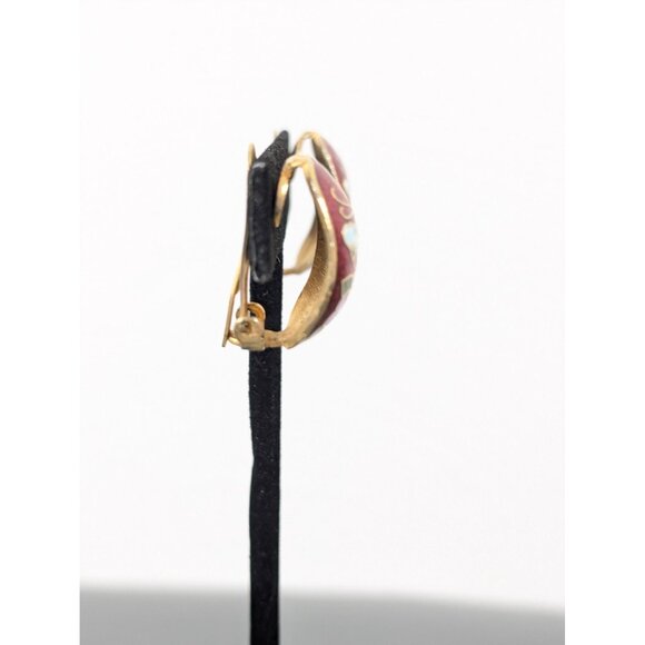 Vintage Red Cloisonne Butterfly Flower Huggie Drop Clip On Earrings Semi Hoop - Picture 2 of 8